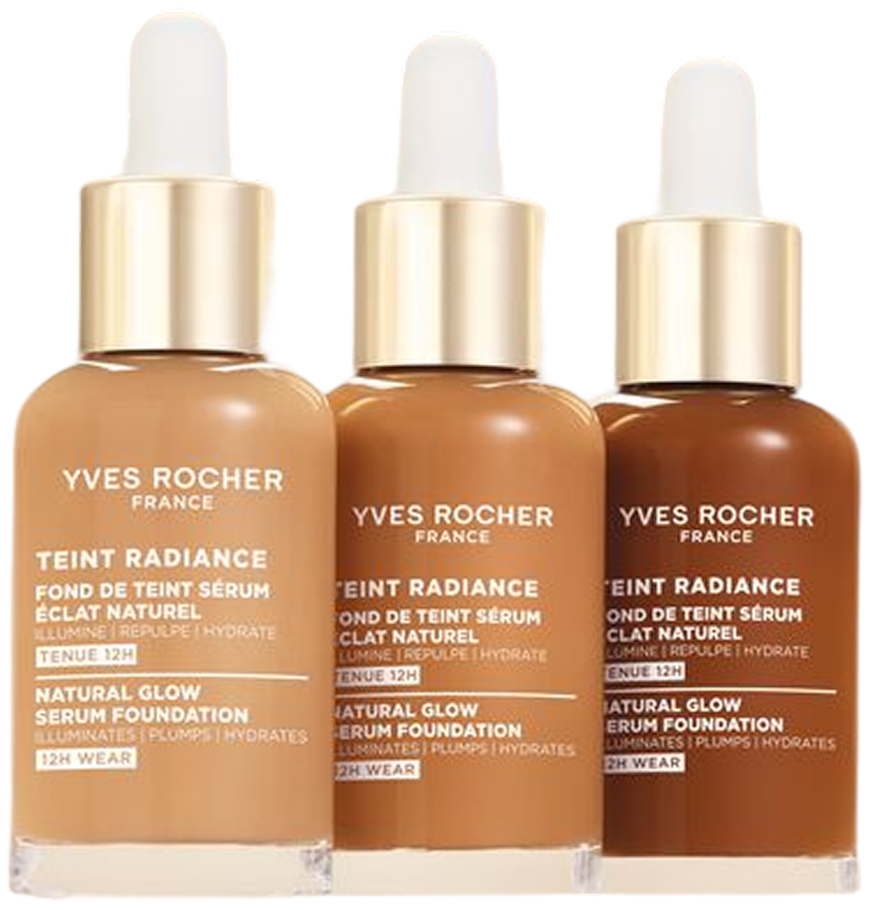 Tres frascos de la base de maquillaje sérum Teint Radiance de Yves Rocher, disponibles en tres tonos para adaptarse a diferentes tonos de piel