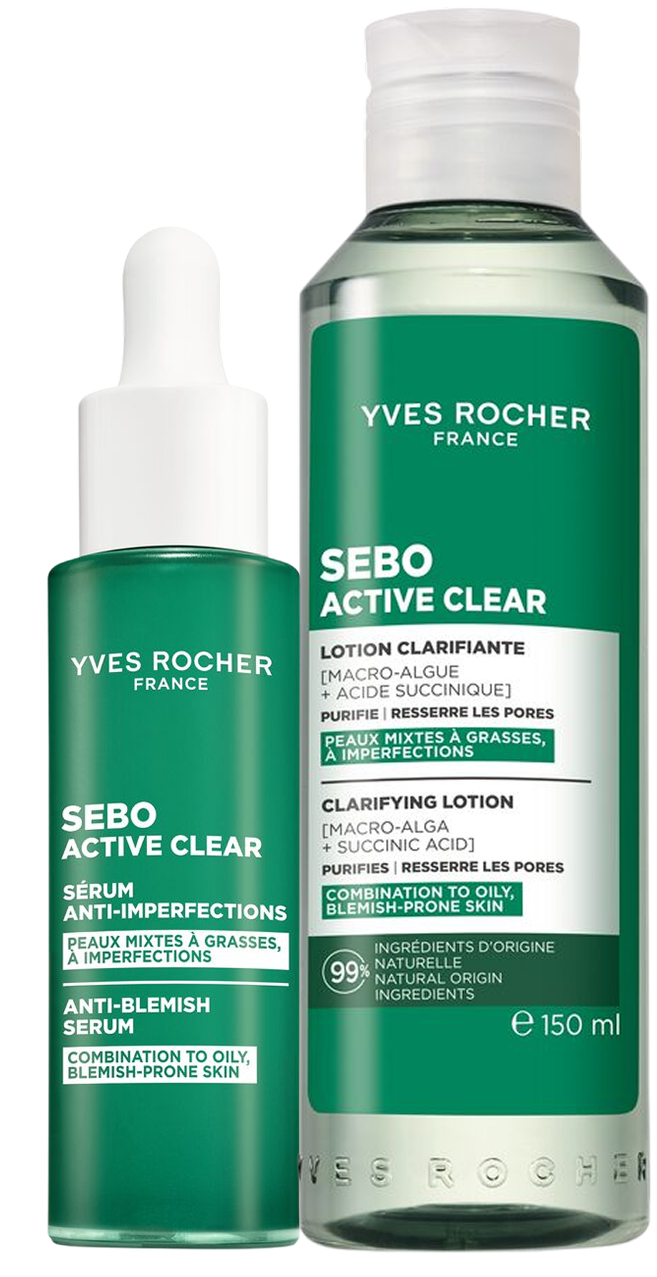 Tres frascos de la base de maquillaje sérum Teint Radiance de Yves Rocher, disponibles en tres tonos para adaptarse a diferentes tonos de piel